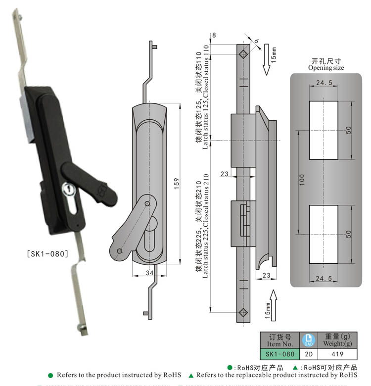 SK1-080 KUNLONG Gabinete eléctrico Cerradura de panel oculta Cerradura de manija giratoria