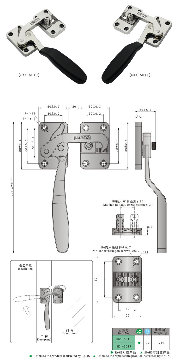 SK1-501 KUNLONG La cerradura de puerta de la manija de la compresión de la cerradura hermética SUS304 más nueva